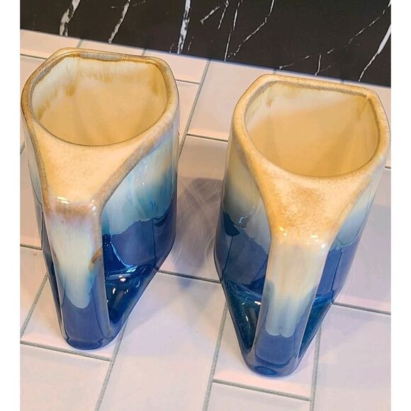 Padilla Set of (2) 4¼" Drip Glazed Blue/Beige Stoneware Mugs Unique Signed EUC - Picture 6 of 15